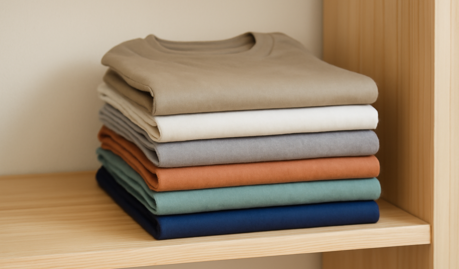 pile de t-shirts plies sur etagere