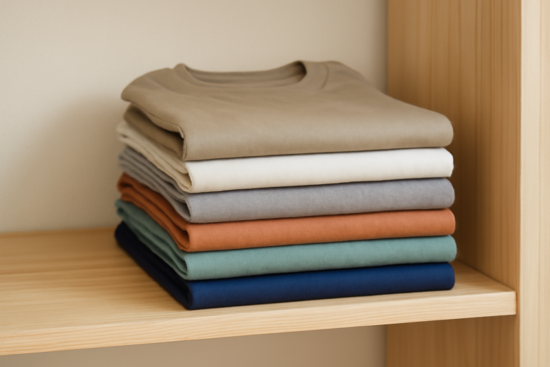 pile de t-shirts plies sur etagere