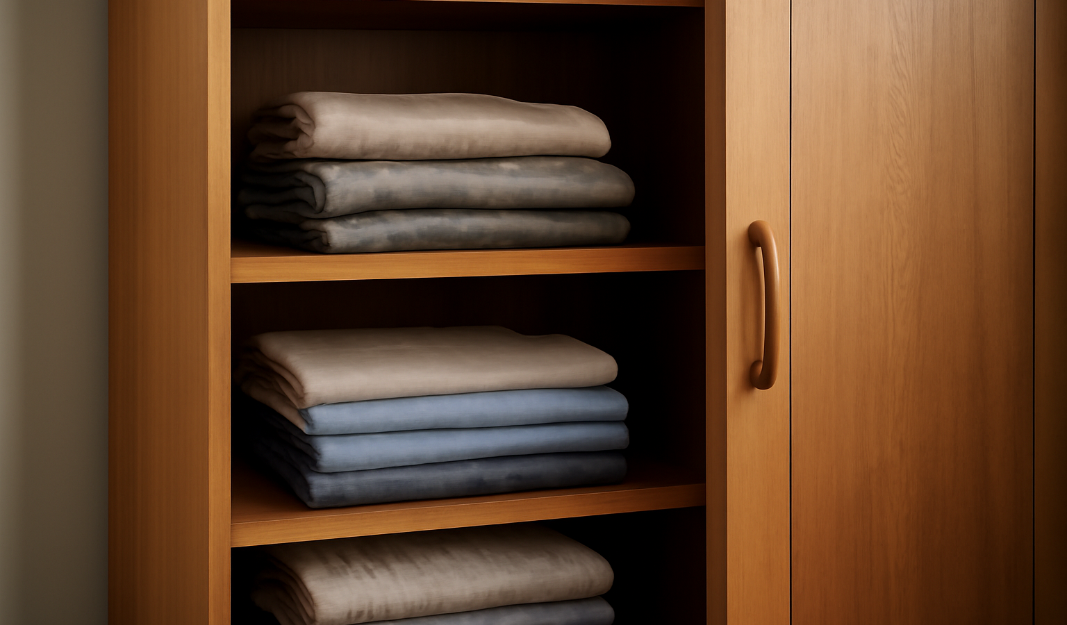 armoire mi-ouverte avec vêtements soigneusement pliés