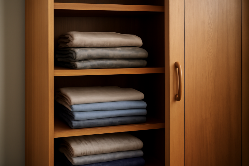 armoire mi-ouverte avec vêtements soigneusement pliés