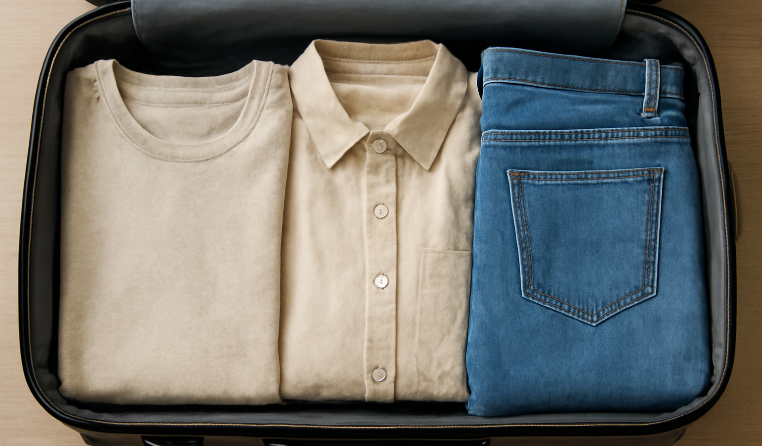 trois tenues pliées côte à côte dans valise