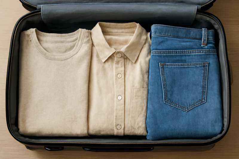 trois tenues pliées côte à côte dans valise