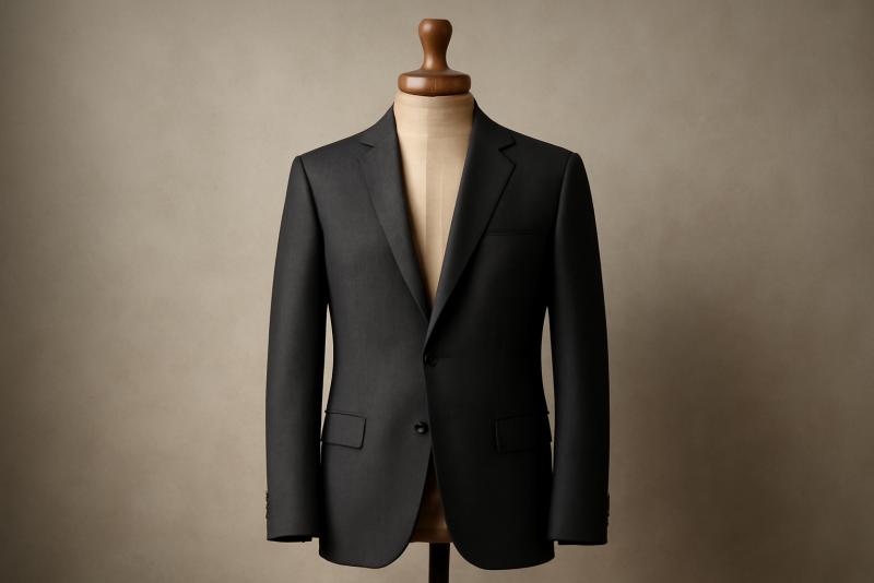 veste de costume posée sur mannequin bois