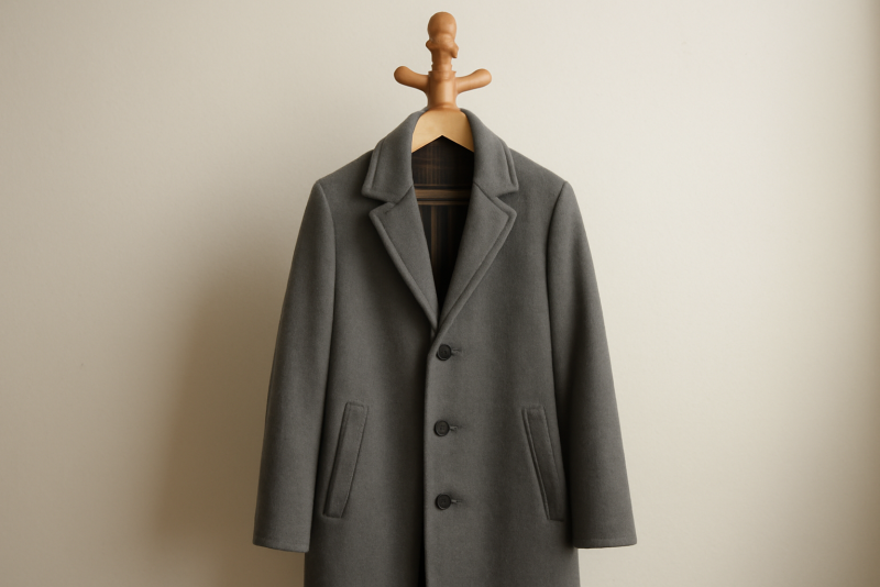 manteau posé sur un porte-manteau en bois