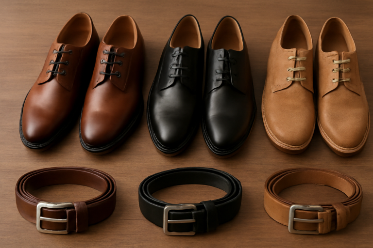 paires de chaussures et ceintures alignees sur table
