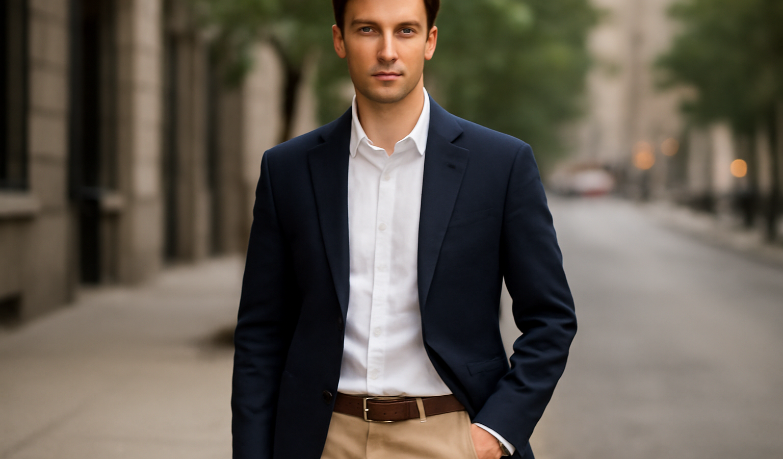 homme portant blazer et chino d'inspiration preppy
