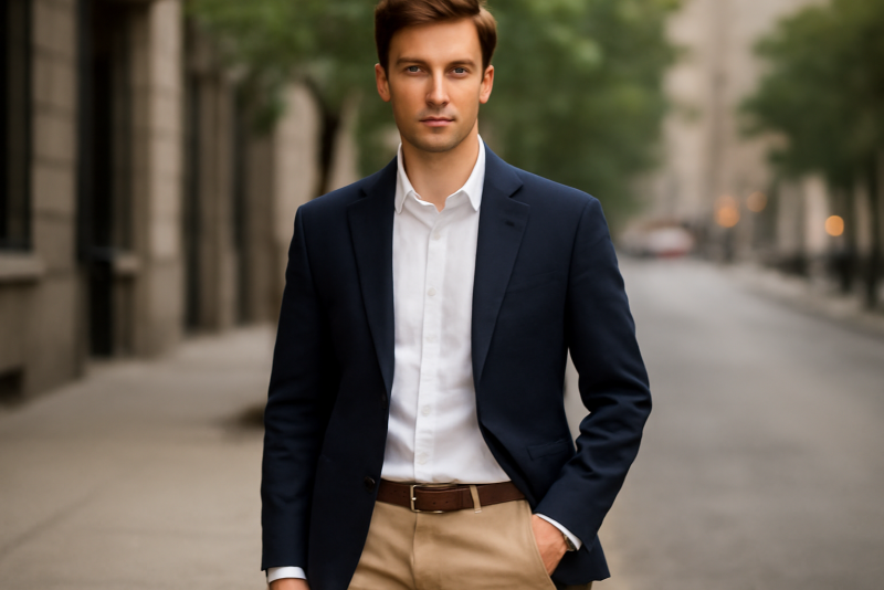 homme portant blazer et chino d'inspiration preppy