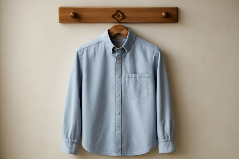 chemise boutonnee suspendue sur patere en bois