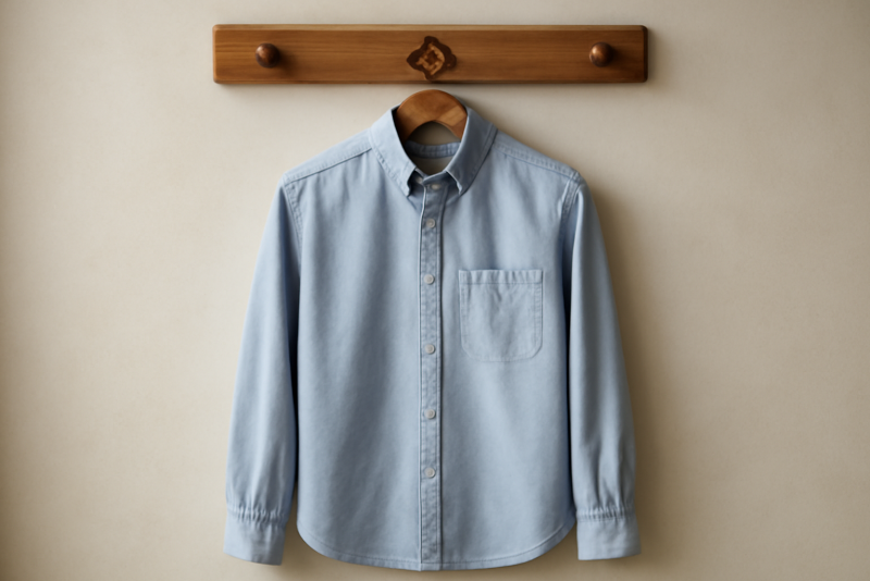 chemise boutonnee suspendue sur patere en bois