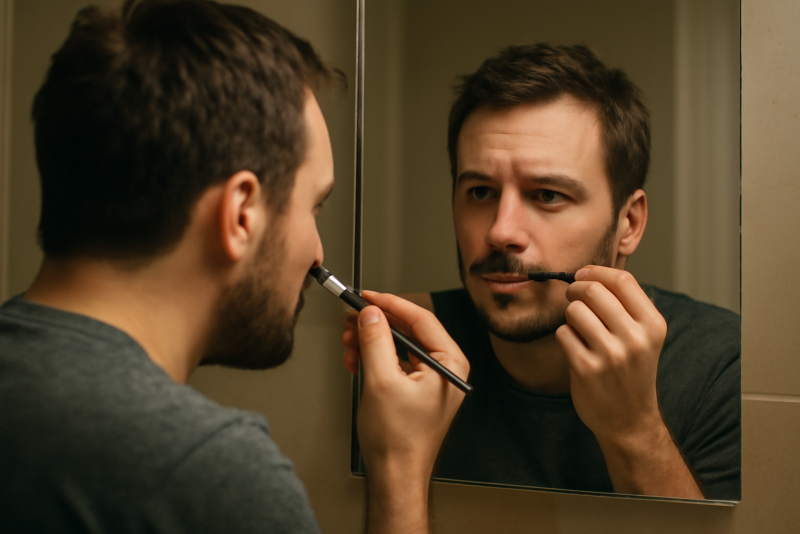 homme peignant une moustache devant miroir