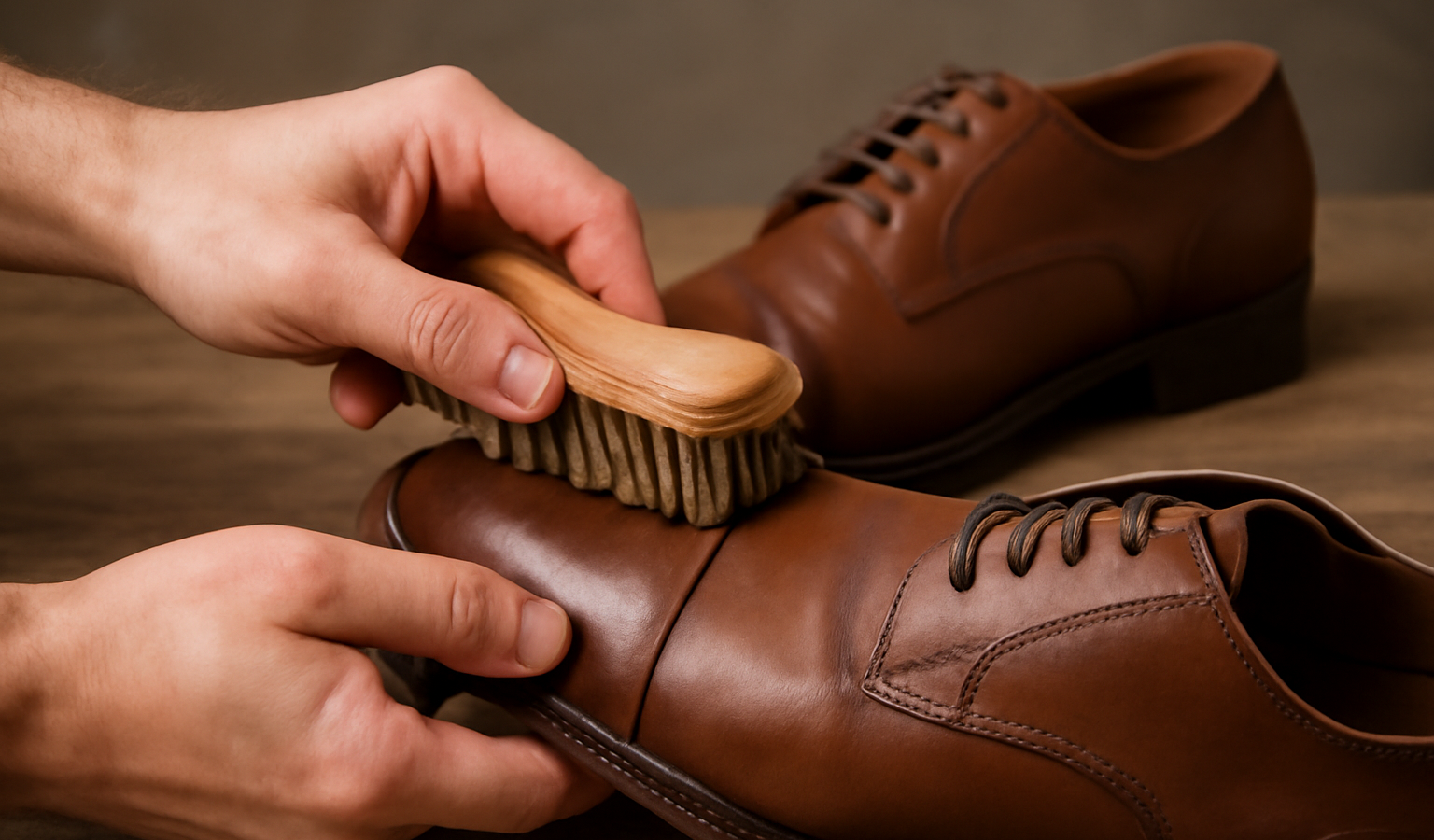 mains brossant chaussures en cuir sur table