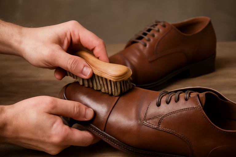 mains brossant chaussures en cuir sur table