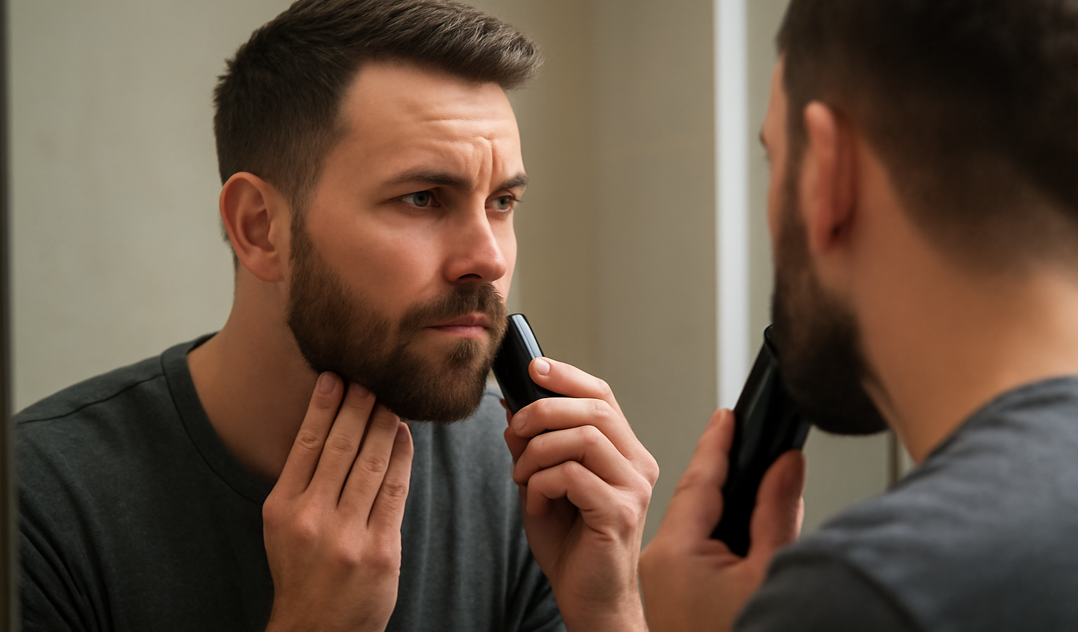 homme taillant contours de barbe devant miroir