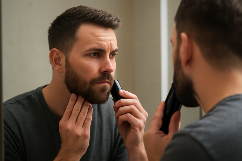 homme taillant contours de barbe devant miroir