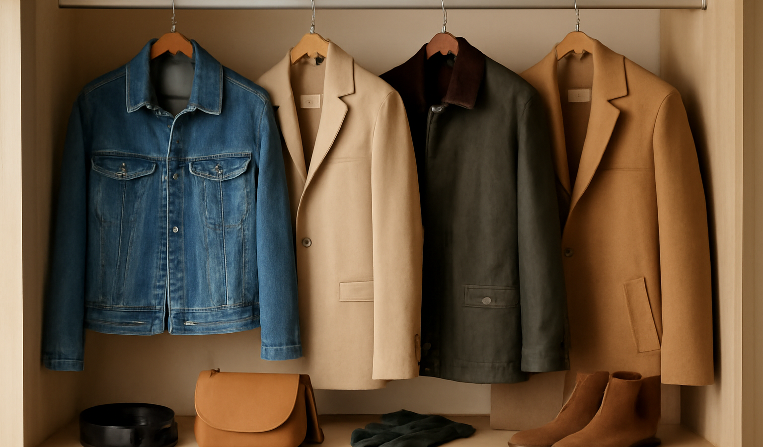 vestes et accessoires alignes sur etagere
