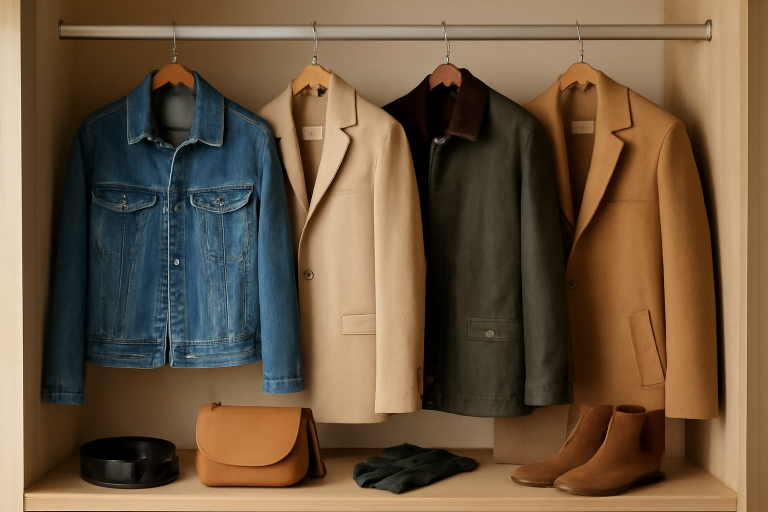 vestes et accessoires alignes sur etagere