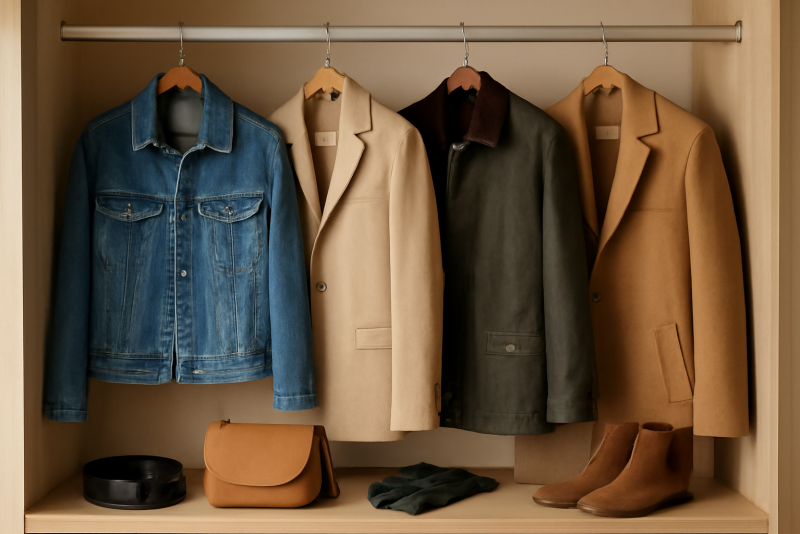 vestes et accessoires alignes sur etagere