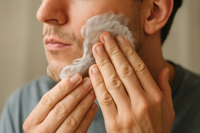 mains appliquant crème après-rasage sur visage