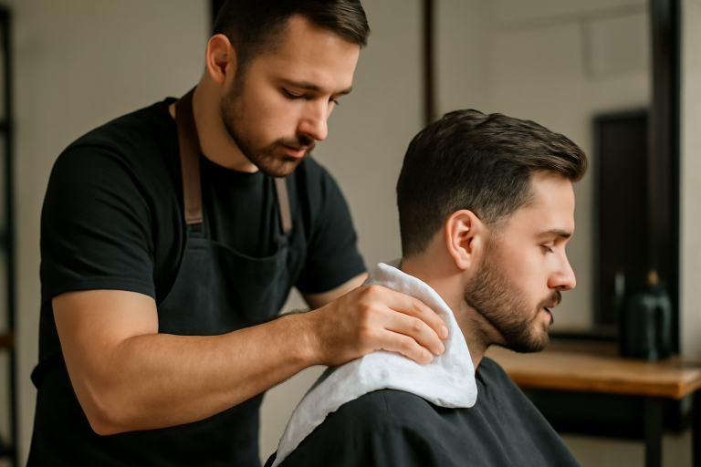 coiffeur essuyant cou et cheveux d'un client