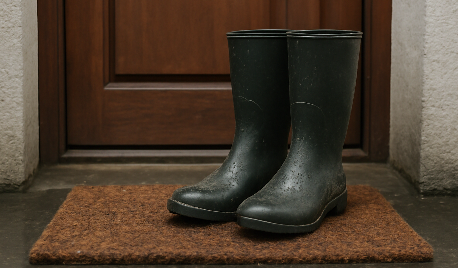 bottes posees sur paillasson humide pres de porte