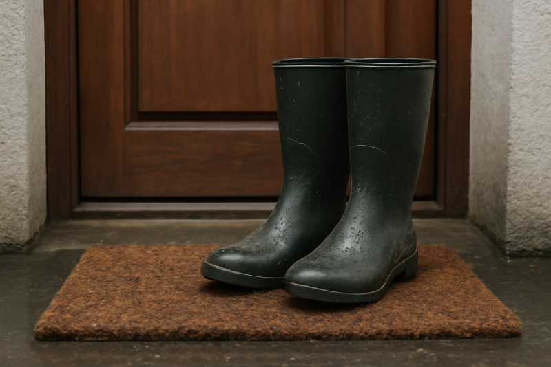 bottes posees sur paillasson humide pres de porte