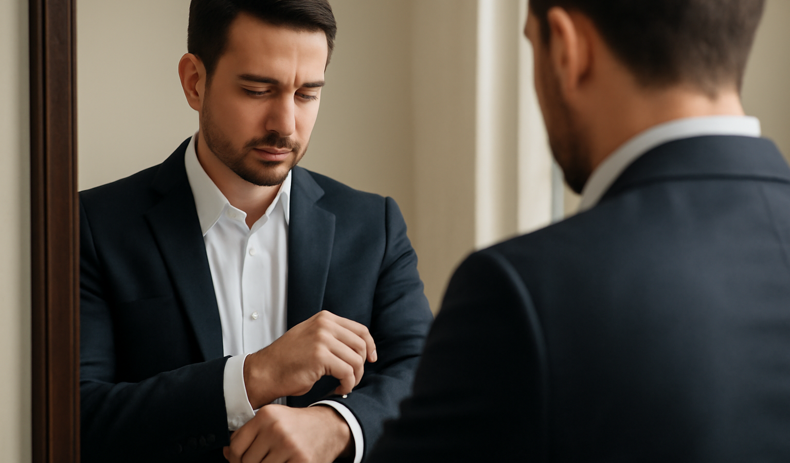 homme ajustant manches d'un blazer devant miroir