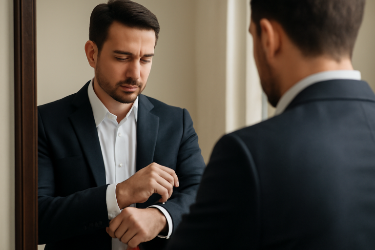 homme ajustant manches d'un blazer devant miroir