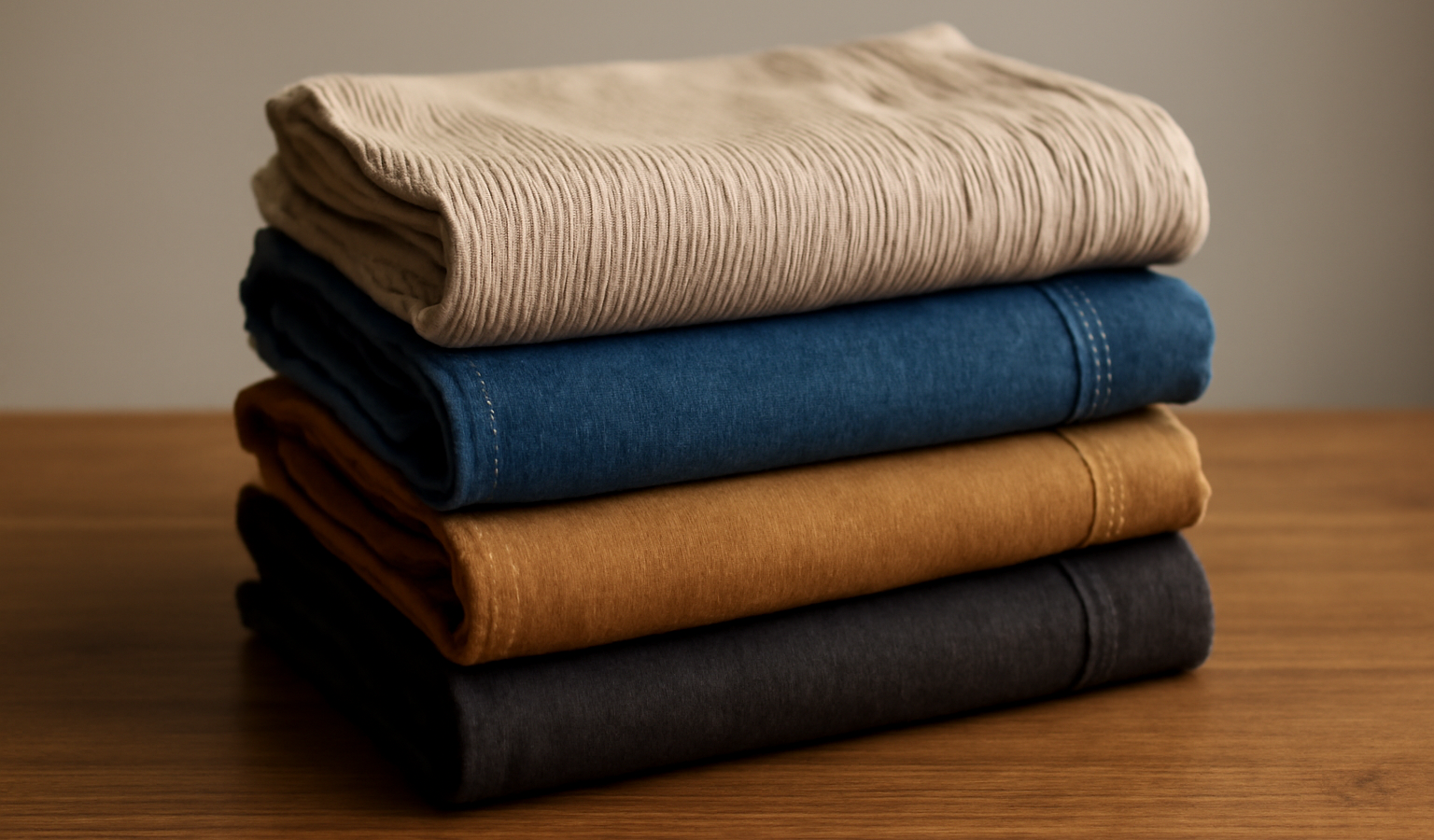 pantalons empilés par matières sur une table