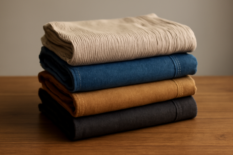 pantalons empilés par matières sur une table