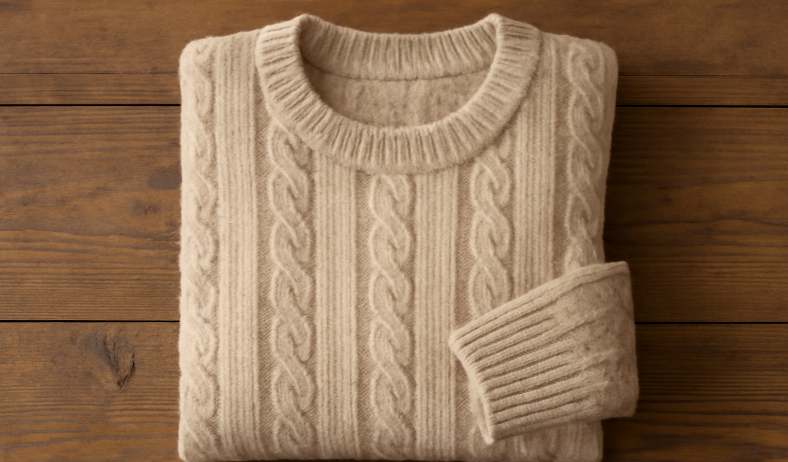 pull en laine pose sur table en bois