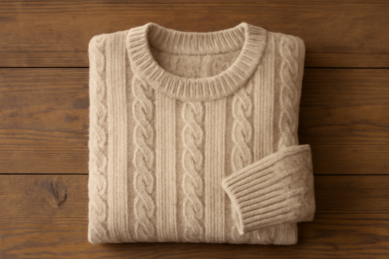 pull en laine pose sur table en bois
