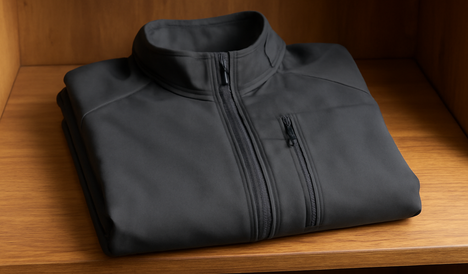 veste technique pliee sur etagere en bois