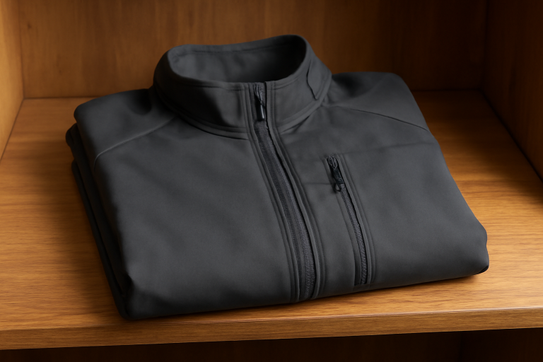 veste technique pliee sur etagere en bois