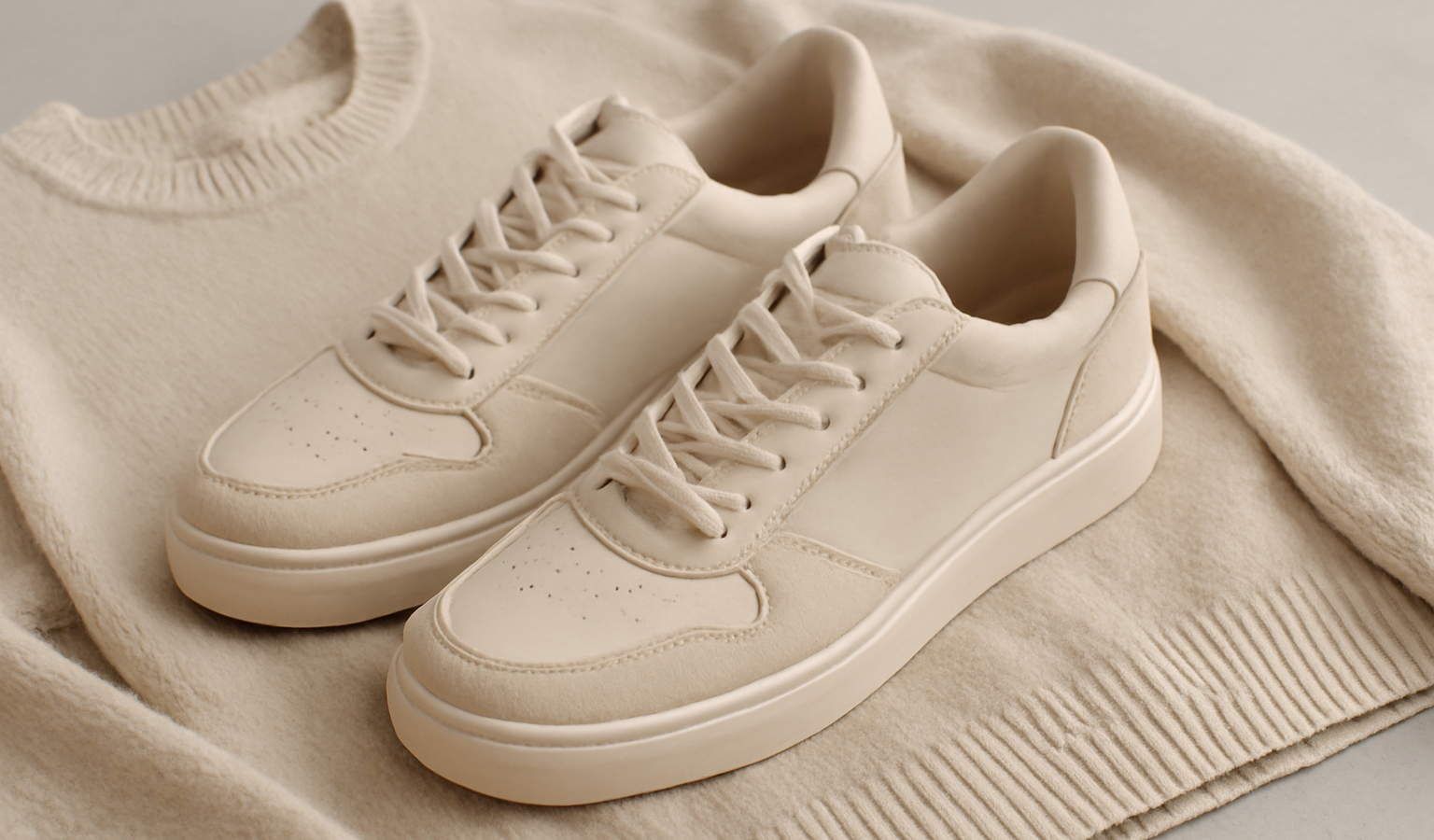 paire de baskets posée près d'un pull neutre