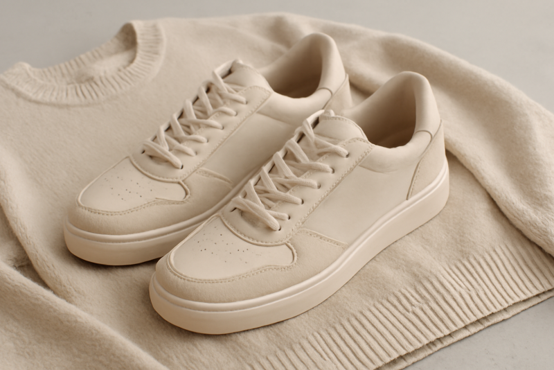 paire de baskets posée près d'un pull neutre