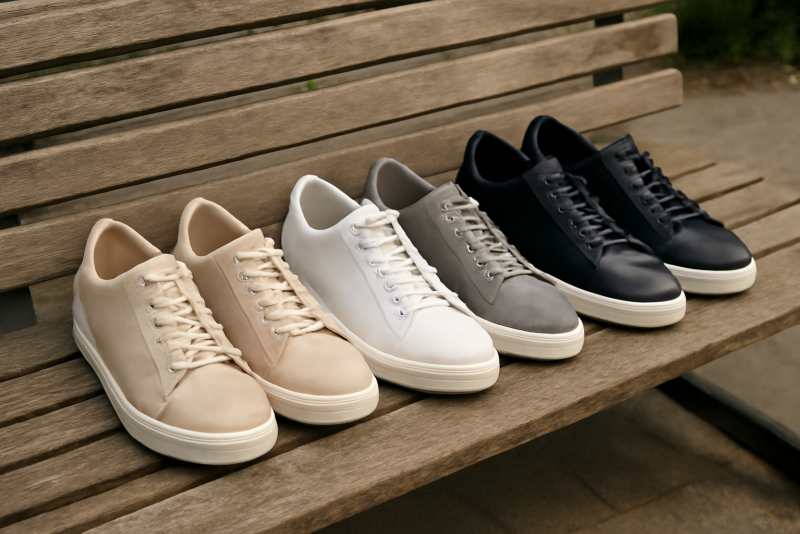 paires de sneakers alignees sur un banc