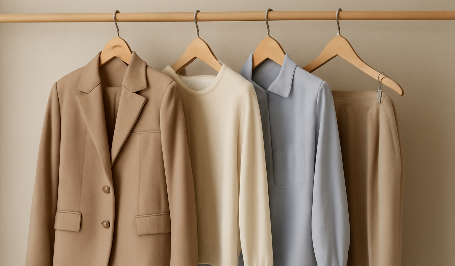 tenues alignees sur porte-manteaux en bois