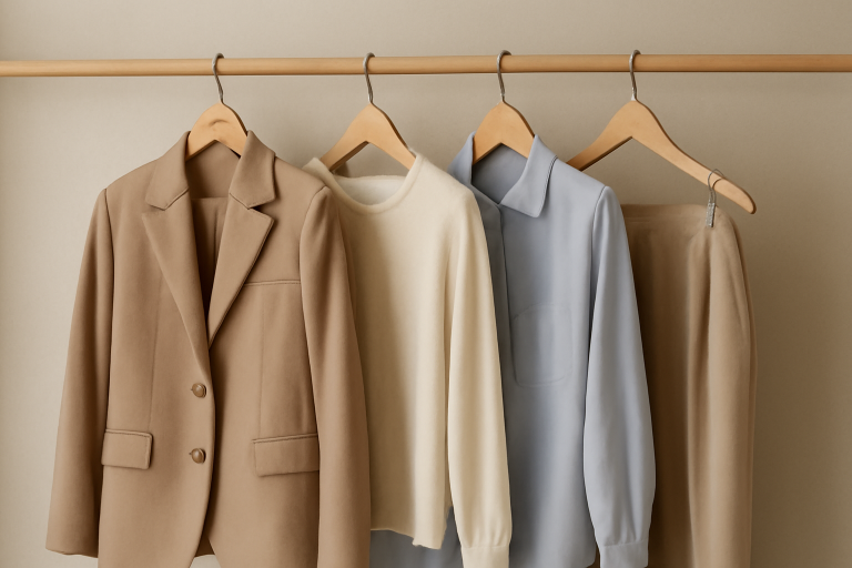 tenues alignees sur porte-manteaux en bois