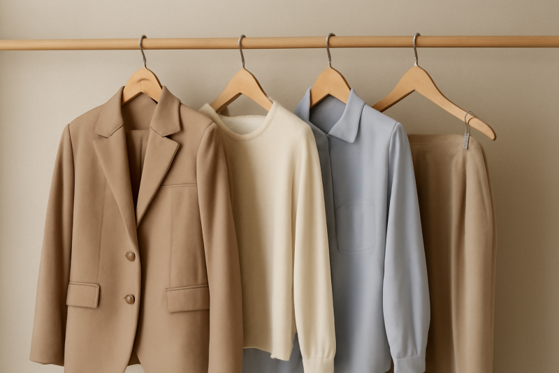 tenues alignees sur porte-manteaux en bois
