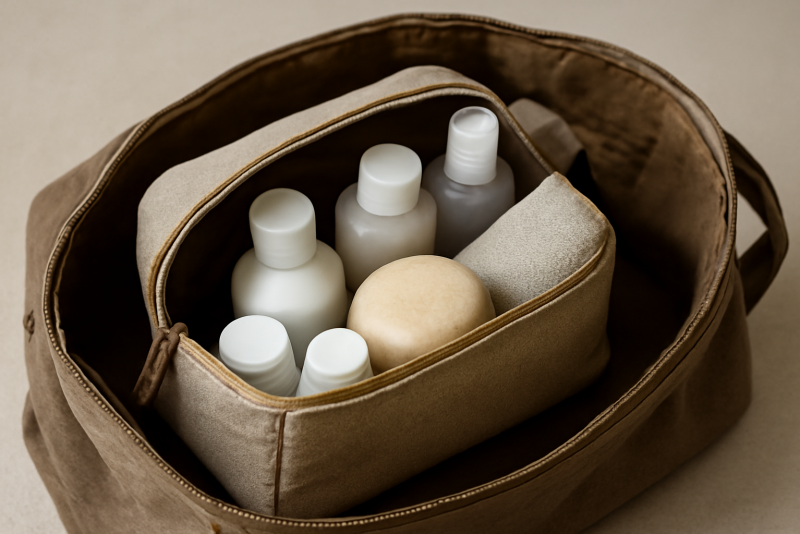 trousse de toilette rangee dans sac