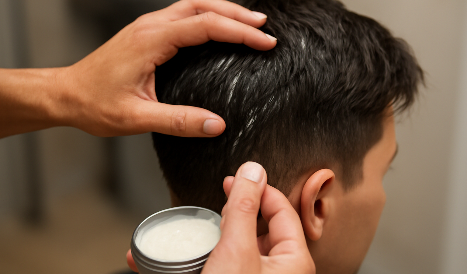mains appliquant cire sur cheveux courts