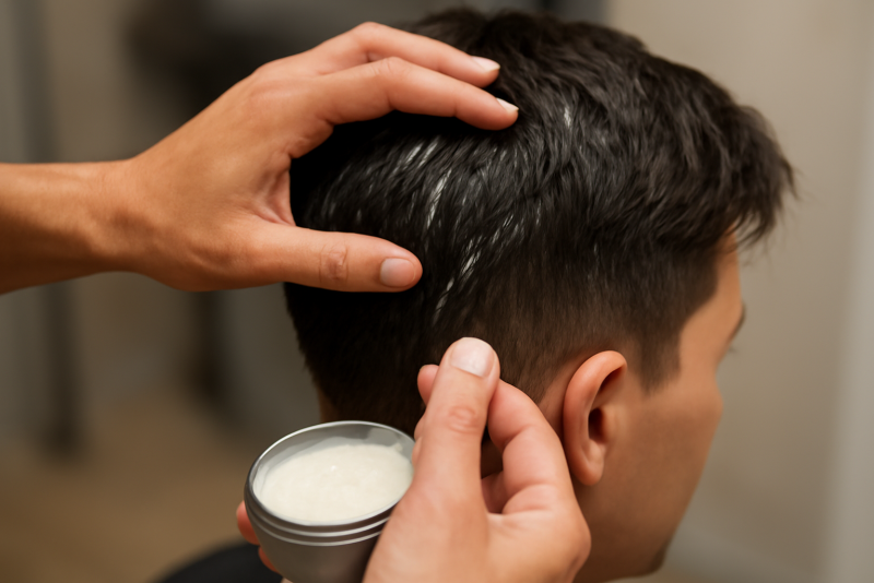 mains appliquant cire sur cheveux courts