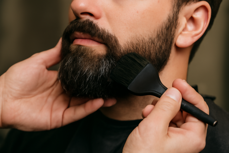 mains peignant une barbe avec une brosse