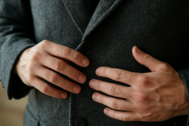 mains palpant la texture d'une veste en laine