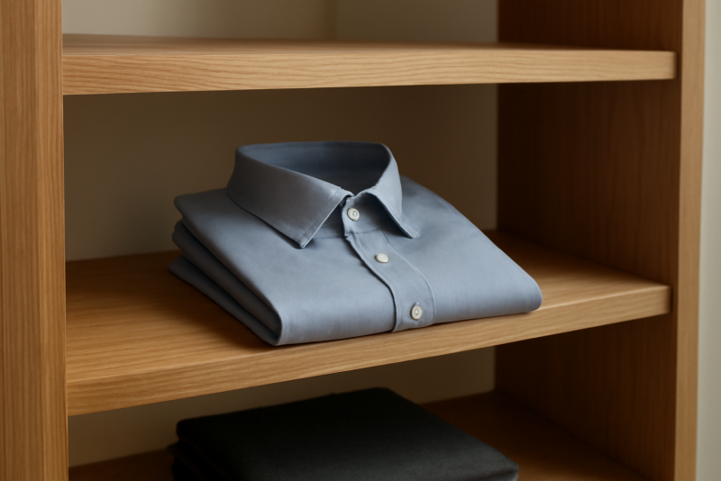 chemise pliee sur etagere de boutique sobre