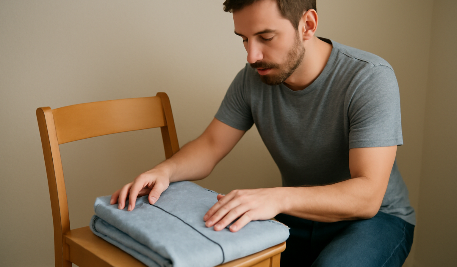 homme pliant une chemise sur une chaise