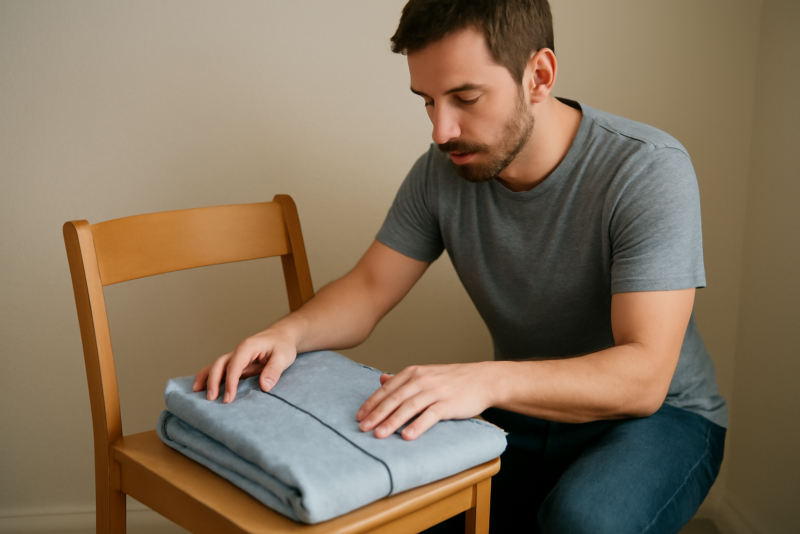 homme pliant une chemise sur une chaise