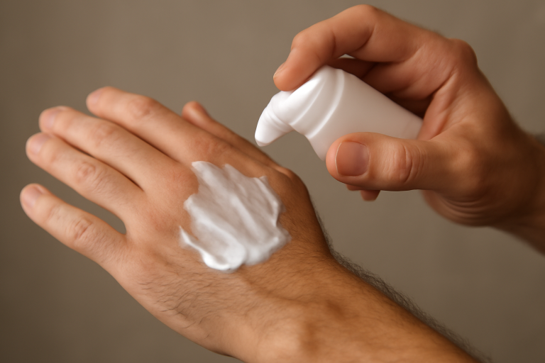 mains appliquant une lotion après rasage