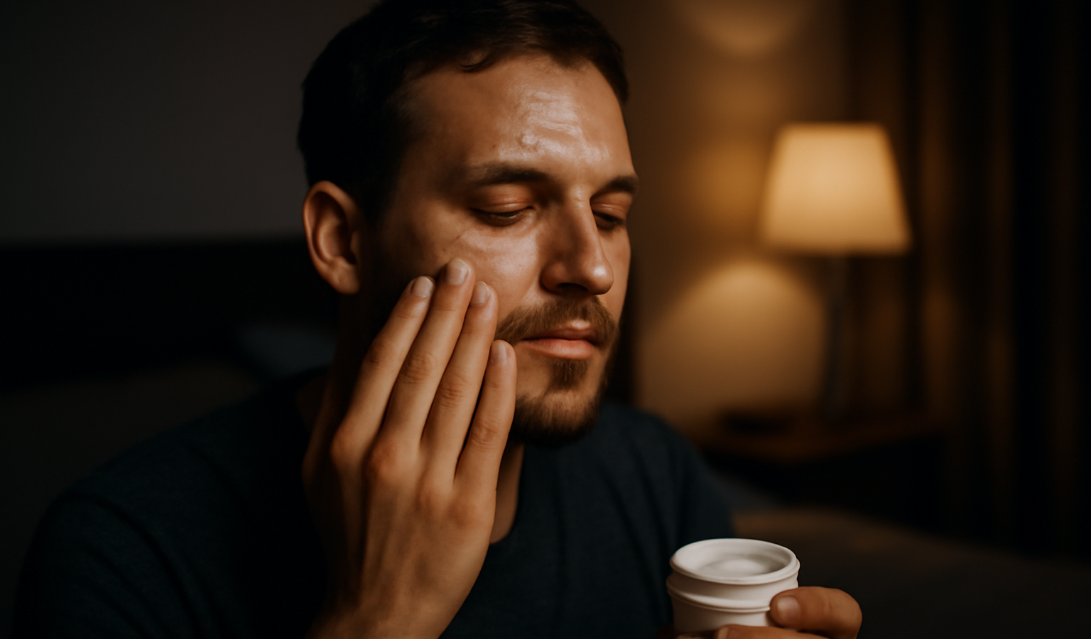 homme appliquant creme sur visage la nuit