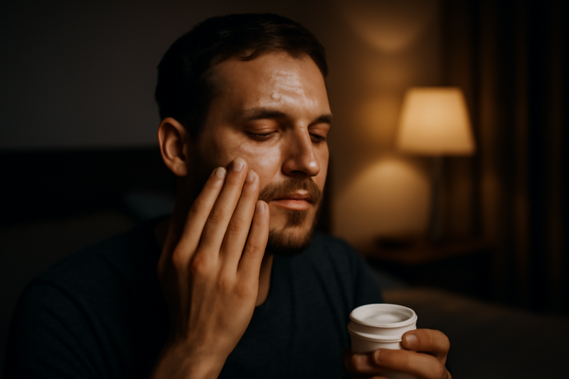 homme appliquant creme sur visage la nuit